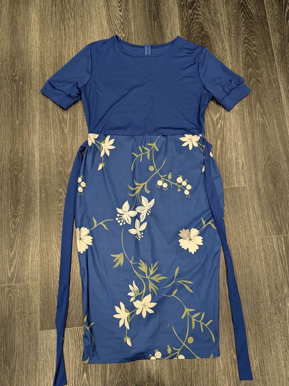 Blue Floral Midi Dress with Tie Waist